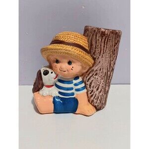 J.S.N.Y. Vintage Boy Dog Tree Bud Vase/ Pen Holder Figurine Ceramic Home Decor